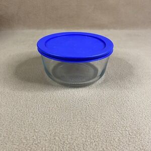 Pyrex Glass Storage Bowl Blue Lid Food Container Kitchen Prep Microwave Safe EUC